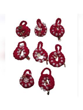 Hand Crafted Hand Crochet Christmas ornaments red beaded 8 mini holiday wreaths